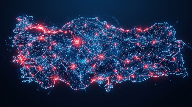 Turkey map digital network glowing with fiber optic lines and data transmission nodes across cities.