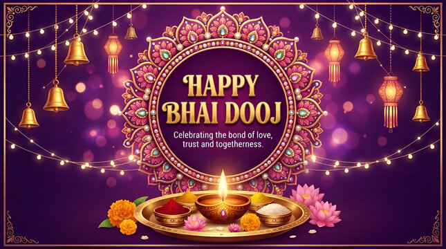 Happy bhai dooj greeting card design with festive mandala pattern lit oil lamps and marigold flowers indian holiday red background festival