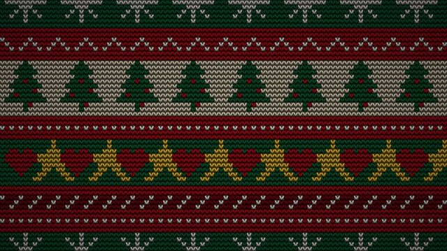 Ugly Christmas sweater knit pattern with snowflakes, pine trees, stars and hearts scrolling as a cozy red and green textile background