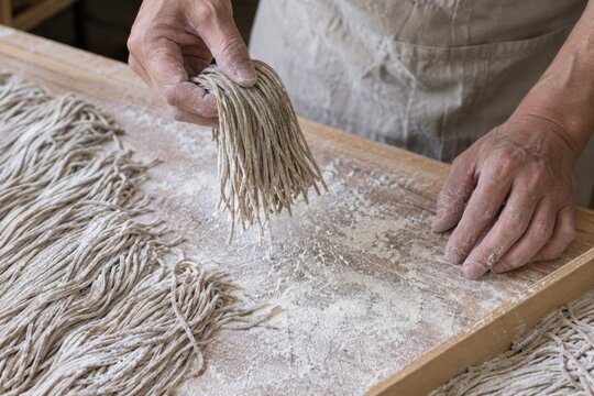 生そばを軽く振って余分な打ち粉を払う手元