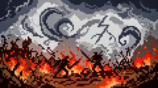 Pixel art illustration of a dramatic storm with lightning over a burning landscape