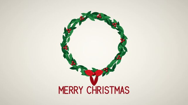 Christmas wreath drawing itself leaf by leaf with red berries and a ribbon bow, an empty circle frame with copy space on cream