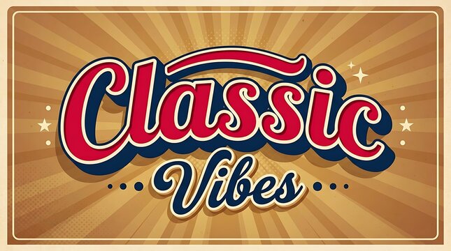 Vintage retro style retrofitted text logo for branding and marketing with bold typography, gold background, and decorative starburst elements