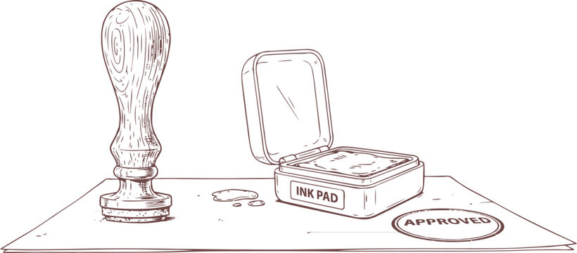 Wooden seal stamp with ink pad and approved document on white surface