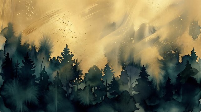 Silhouette of tall pine trees against a bright orange sunset sky in the forest at evening time