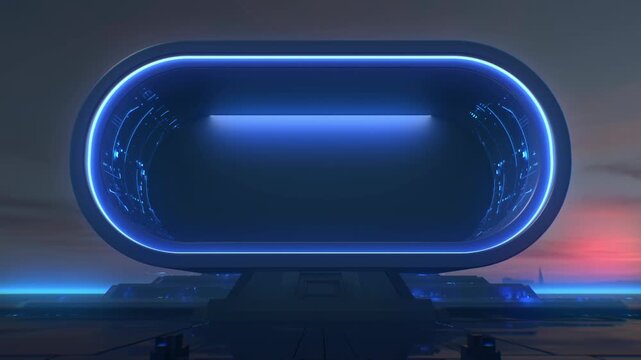 Futuristic Blue Neon Stage Background with Glowing Oval Frame and Digital Platform