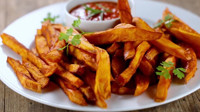 Crispy Baked Sweet Potato Fries with Ketchup Dip Sauce on White Plate