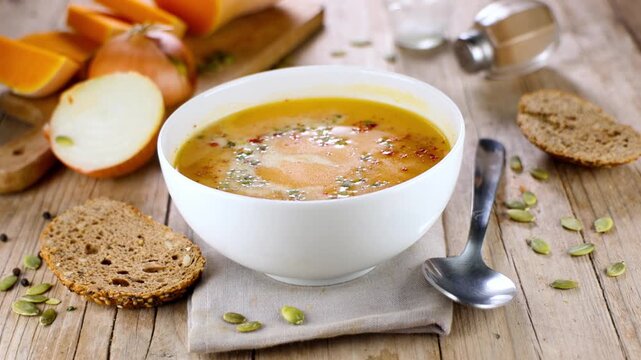 Homemade Butternut Squash Soup with Pumpkin Seeds, Onion, and Whole Grain Bread on Rustic Table