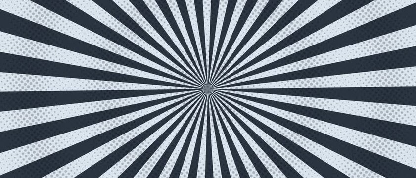 Monochrome radial rays and halftone dots form a converging abstract starburst pattern