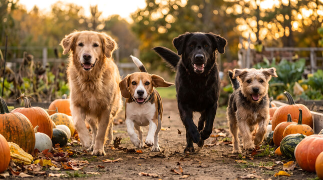 Happy dogs running on path in autumn pumpkin patch at sunset