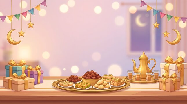 Festive ramadan table setting with traditional sweets dates and golden tea set adorned with garlands traditional celebration garlands crescent