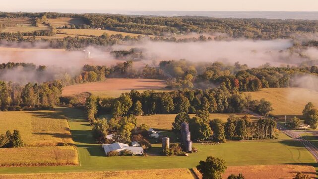 Morning fog over farmers fields and tree tops. Located in Upstate New York near Ithaca and Trumansburg in the Finger Lakes region.