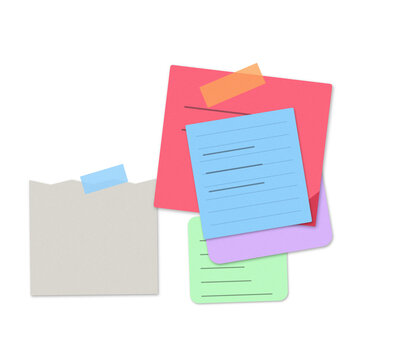 Stack of colorful sticky notes with written messages and tape on a flat surface isolated on transparent background