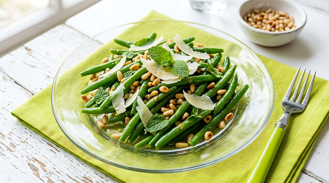 Green bean salad with parmesan cheese and pine nuts on a glass plate