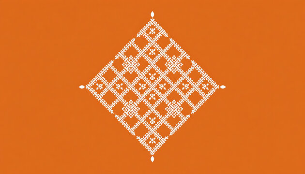 Kolam Vector Illustration, Simple Diamond Weave Pattern in White on Terracotta Background.