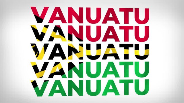 Vanuatu Pacific country 3D animated text bold lettering in repeated stacked rows styled with the national colours and patterns of the flag waving in the wind world emblem banner on a white background