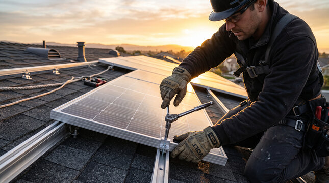 Solar Panel Installation at Sunset: A worker installs solar panels on a rooftop during a picturesque sunset, highlighting sustainable energy solutions and skilled labor.