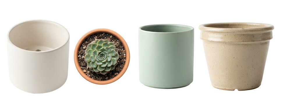 Collection of four various ceramic and terracotta flower pots showcasing empty containers alongside a potted succulent plant isolated on transparent background