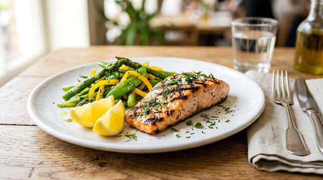 Grilled salmon fillet with asparagus and lemon served on a white