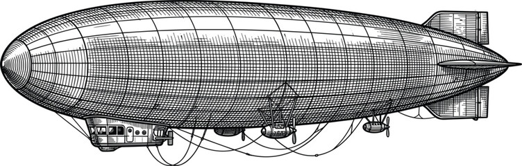 Vintage Engraved Style Airship Zeppelin Vector Illustration Detailing the Cabin and Propellers Isolated on a Plain White Background for Retro Designs © Joba