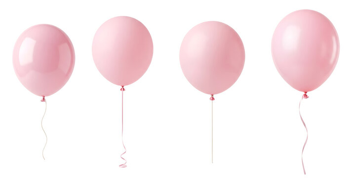 Pink party balloons with colorful ribbons attached floating gracefully in bright studio lighting for celebration events on transparent background