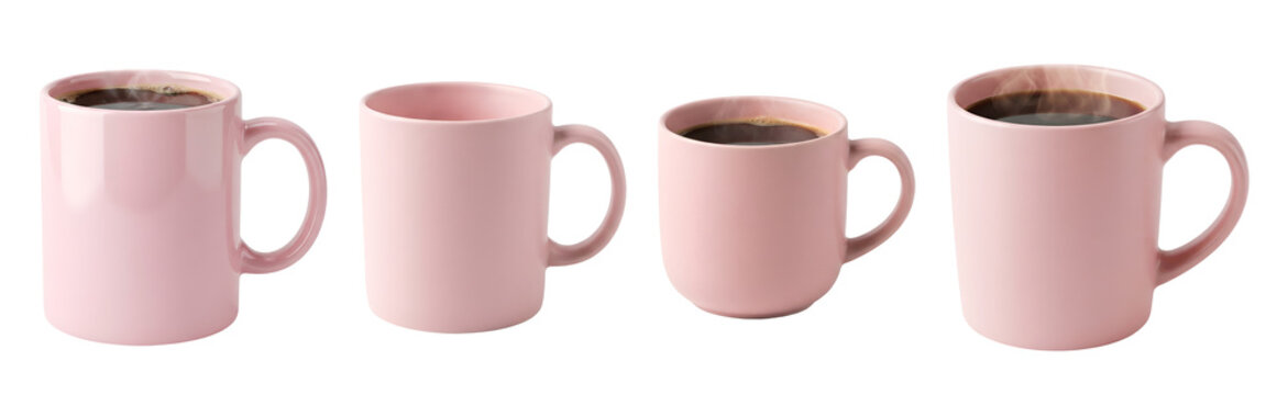 Multiple ceramic pink coffee mugs filled with hot dark beverage arranged neatly across a clean studio lighting environment shown on transparent background