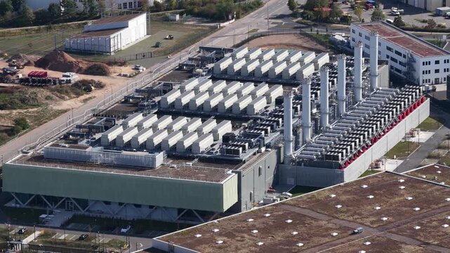 Aerial view of a large hyperscale data center in Dietzenbach, Germany, showing modern digital infrastructure, power systems and industrial development.