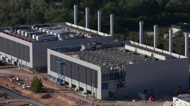 Aerial view of 180MW data center campus under construction in Hanau near Frankfurt, Germany, a major new AI, cloud and digital infrastructure developmen