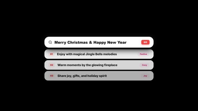 Animated search bar typing holiday greetings on black background