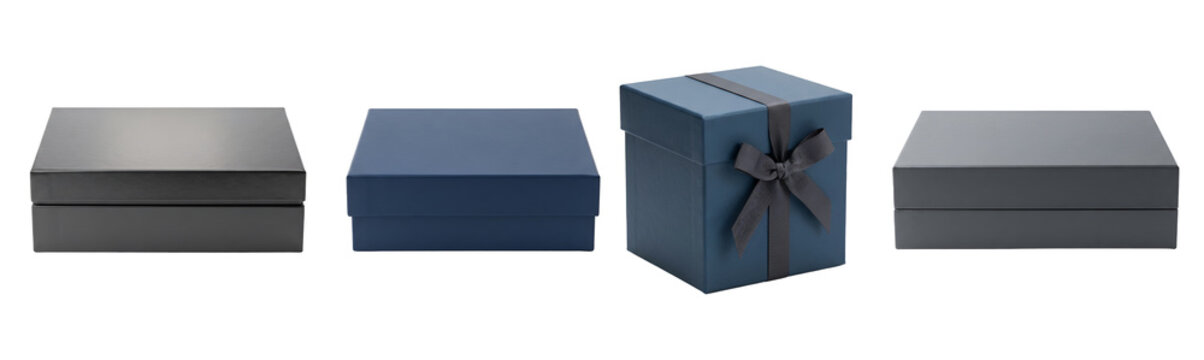 Elegant dark gift boxes collection featuring sleek black and deep blue packaging designs with decorative ribbons showcased together on transparent background