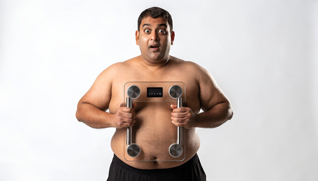 Overweight Man Measuring Body Weight with Digital Bathroom Scale for Weight Loss and Health Management