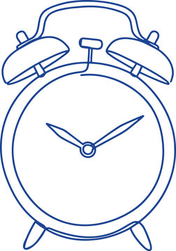 Simple hand-drawn doodle icon of an alarm clock with bell on top and clock hands, single continuous line hand-drawn doodle icon, simple sketch style, blue outline, isolated on white background, minima