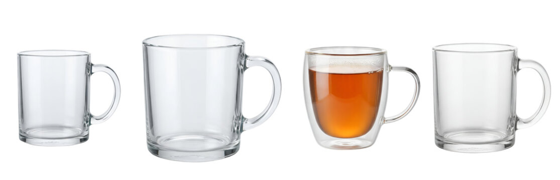 Glass cups collection showcasing various empty containers and one filled with hot tea rendered with realistic lighting reflections on transparent background