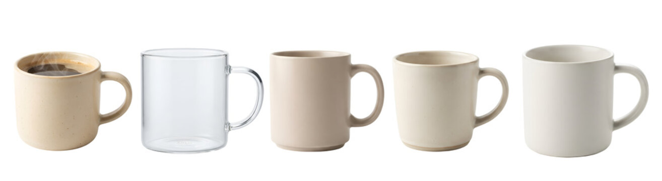 Variety of ceramic and glass coffee mugs with steaming hot dark espresso beverage arranged neatly in a row presented on transparent background