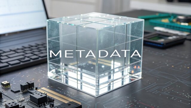 Transparent glass cube with the word METADATA engraved, representing digital data and information technology concepts