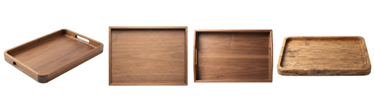 Multiple rustic wooden serving trays displayed from various professional studio angles for commercial food presentation photography projects on transparent background