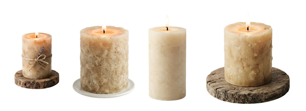 Several burning beige wax candles placed on rustic wooden coasters and small plates creating a warm cozy atmosphere for spa relaxation on transparent background