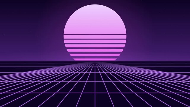 Striped neon sun above a glowing perspective grid beneath a starry purple sky