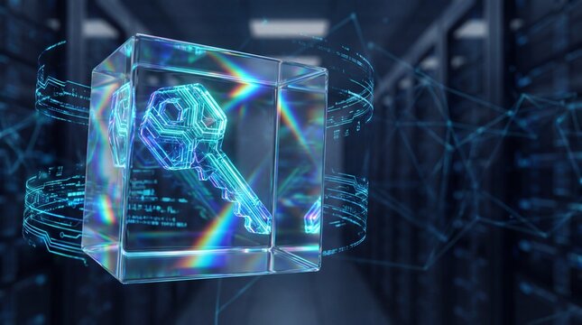Digital security key in glass cube in server room