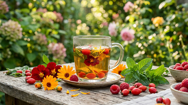 Glass mug of herbal tea with fresh flowers and berries on a rustic