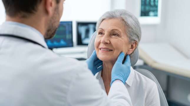 Physician examining neck lymph nodes of senior female patient during regular medical checkup in clinic office.