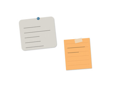 Two square paper sticky notes with handwritten text pinned to a wall isolated on transparent background