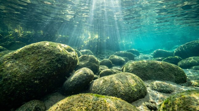 Underwater view of smooth rocks scattered across riverbed, surrounded by crystal clear freshwater