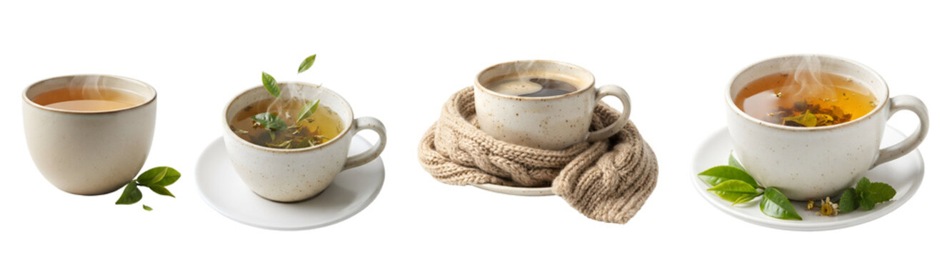 Ceramic cups filled with hot herbal green tea and steaming black coffee arranged neatly in various charming compositions featuring cozy knitted scarves on transparent background