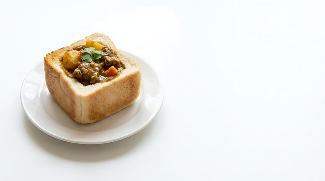 Bunny chow curry served in a hollowed bread loaf on a white plate