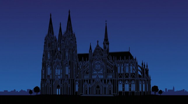 Gothic cathedral silhouette with tall spires and rose window against a deep blue twilight sky, vector illustration
