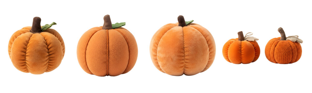 Decorative plush pumpkins in various sizes featuring soft orange fabric textures and brown stems arranged together for seasonal autumn holidays on transparent background