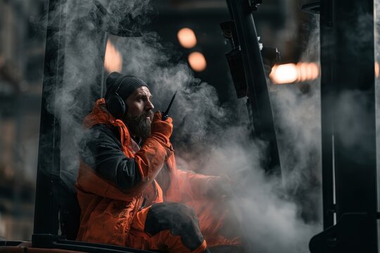 Warehouse smoke, forklift driver calling for help on walkie-talkie