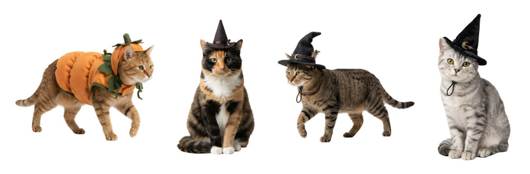 Cute domestic cats wearing funny halloween costumes including orange pumpkin outfit and pointy black witch hats isolated on transparent background
