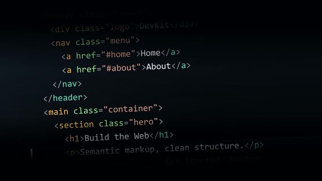 Computer Screen Scrolling HTML Web Development Code Syntax Highlighting in Dark Mode IDE Interface